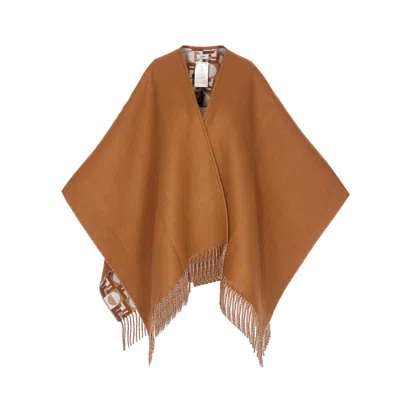 Fendi Biscuit Wool Blend Reversible Cape In Brown