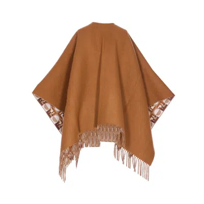 Fendi Biscuit Wool Blend Reversible Cape In Brown