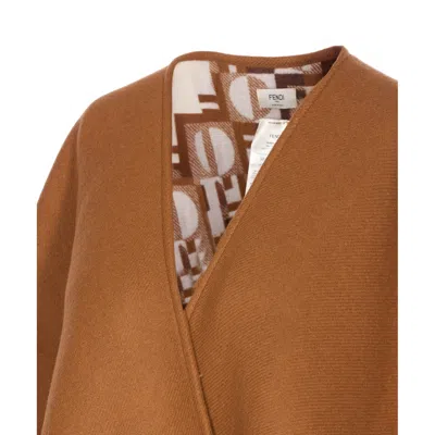 Fendi Biscuit Wool Blend Reversible Cape In Brown