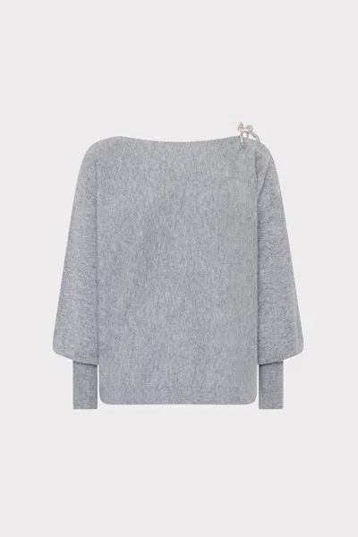 Milly Ida Crystal Bow Cold Shoulder Long Sleeve Sweater In Gray