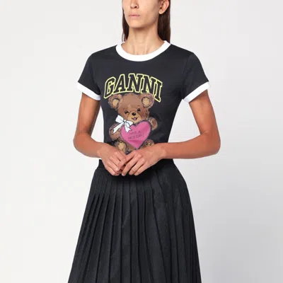 Ganni Graphic Print Crew Neck Short Sleeve Top In Black