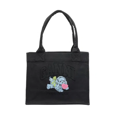 Ganni Black Large Black Shopper With Double Handles And Front Decoration In Cotton Woman In Black