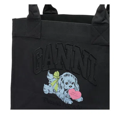 Ganni Black Large Black Shopper With Double Handles And Front Decoration In Cotton Woman In Black