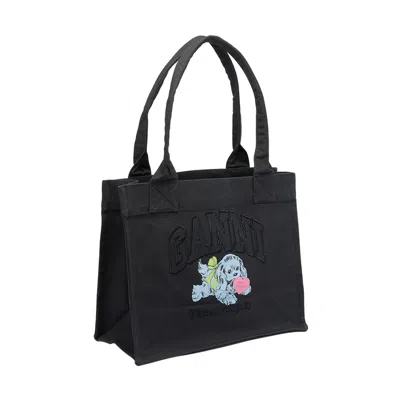Ganni Black Large Black Shopper With Double Handles And Front Decoration In Cotton Woman In Black