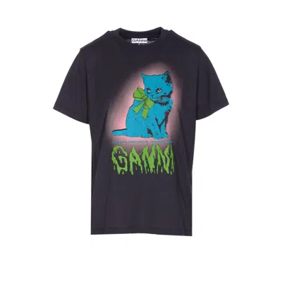 Ganni Neon Kitty Organic Cotton T-shirt In Blue