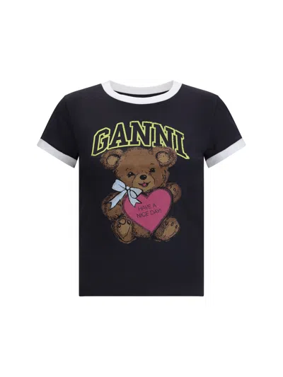 Ganni Graphic Print Crew Neck Short Sleeve Top In Black