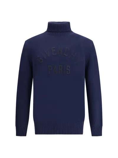 Givenchy Turtleneck Sweater In Cotton With Paris Embroidery Clothing In Blue