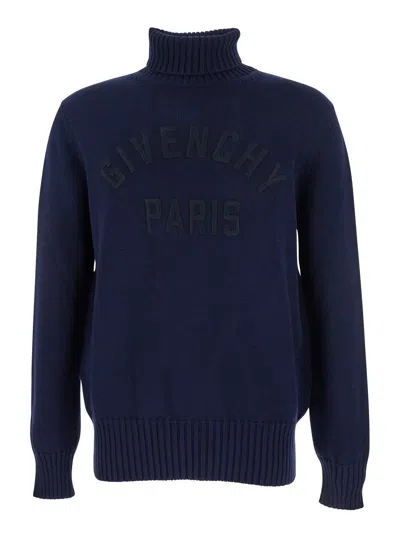Givenchy Turtleneck Sweater In Cotton With Paris Embroidery Clothing In Blue
