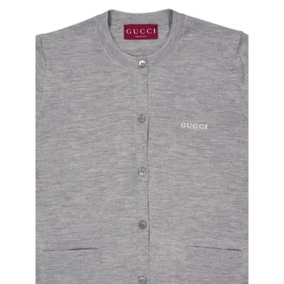 Gucci Grey Cardigan With Round Neck And Logo Lettering Embroidery On The Front In Cashmere And Silk Woman In Gray