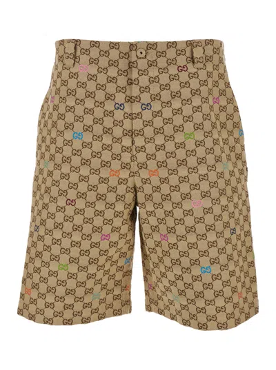 Gucci Men Beige Bermuda Pants With Belt Loops In Gg Canvas Man In Neutral