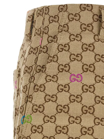 Gucci Men Beige Bermuda Pants With Belt Loops In Gg Canvas Man In Neutral