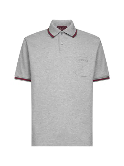 Gucci Grey Polo Shirt With Web Details And Logo Lettering On The Front In Wool Blend Man In Multi