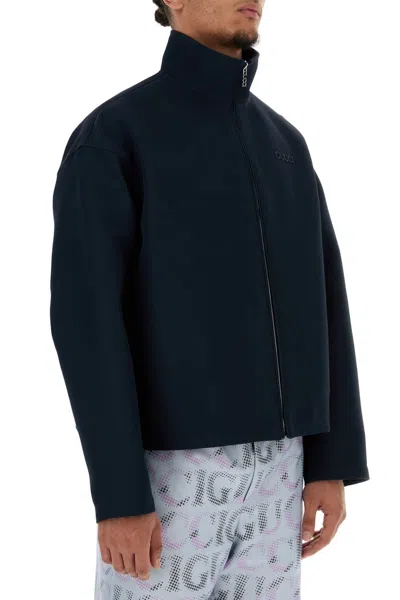 Gucci Men Navy Blue Wool Blend Jacket In Animal Print