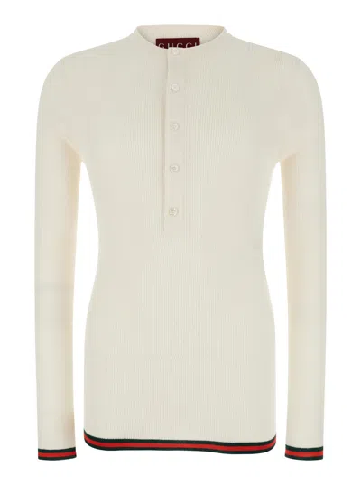 Gucci White Long Sleeved Top In Rib Silk Man In Multicolor