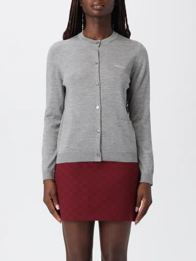 Gucci Grey Cardigan With Round Neck And Logo Lettering Embroidery On The Front In Cashmere And Silk Woman In Gray