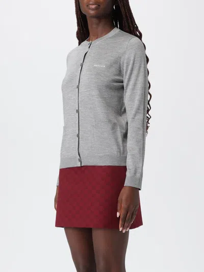 Gucci Grey Cardigan With Round Neck And Logo Lettering Embroidery On The Front In Cashmere And Silk Woman In Gray