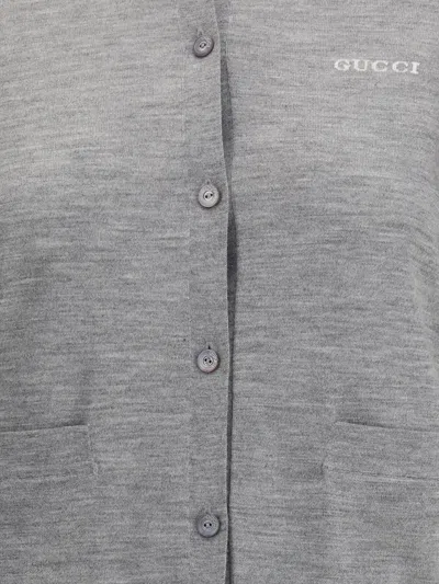 Gucci Grey Cardigan With Round Neck And Logo Lettering Embroidery On The Front In Cashmere And Silk Woman In Gray