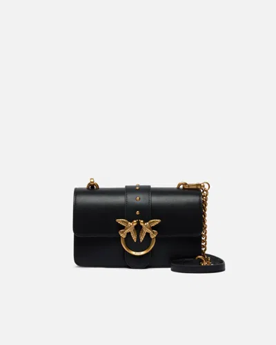 Pinko Love One Classic Black Crossbody Bag With Studded Strap And Love Birds Diamond Cut Plaque On The Fro