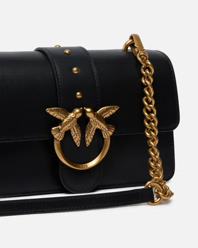 Pinko Love One Classic Black Crossbody Bag With Studded Strap And Love Birds Diamond Cut Plaque On The Fro