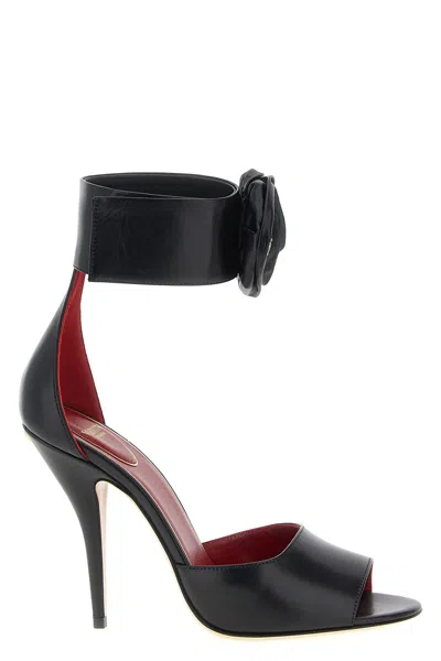 Valentino Embellished Rose Leather Sandals In Black