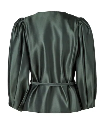 Fendi Satin Jacket With Balloon Sleeves And Belt In Green