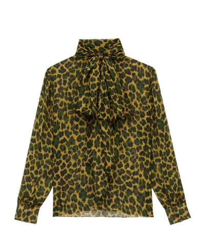Saint Laurent Pussy-bow Leopard-print Silk-mousseline Blouse In Brown