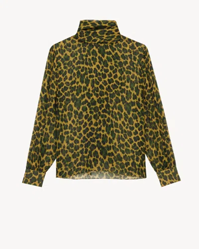 Saint Laurent Pussy-bow Leopard-print Silk-mousseline Blouse In Brown