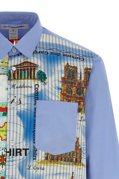 Comme Des Garçons Asymmetric Hem Shirt With Vibrant Landmark Prints In Multi