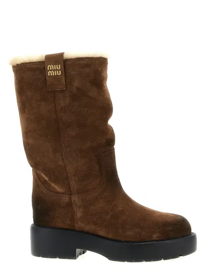 Miu Miu Round-toed Ankle Boots In Brown