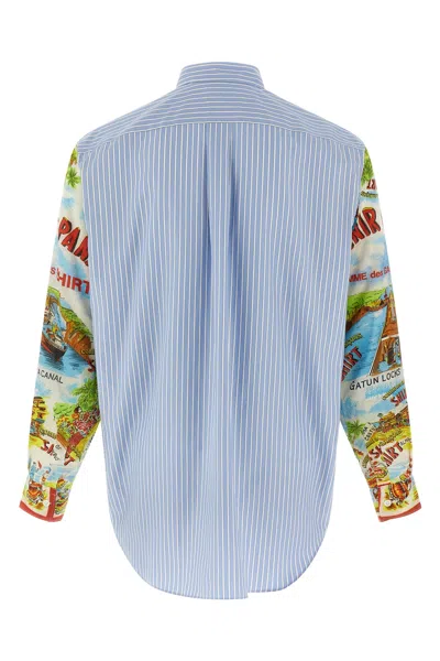Comme Des Garçons Patterned Sleeve Cotton Poplin Shirt With Asymmetrical Hem In Blue