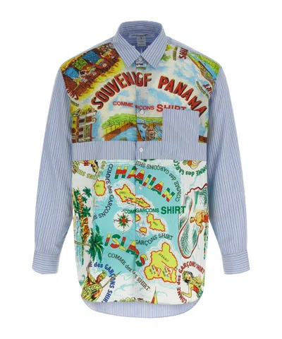 Comme Des Garçons Patterned Insert Cotton Poplin Shirt With Asymmetric Hem In Multi