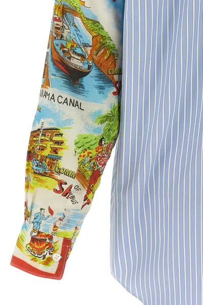 Comme Des Garçons Patterned Sleeve Cotton Poplin Shirt With Asymmetrical Hem In Blue