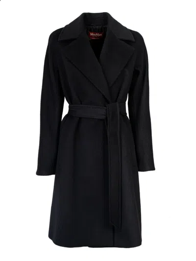 Max Mara Waist Belted Long Length Lapels Pockets In Black