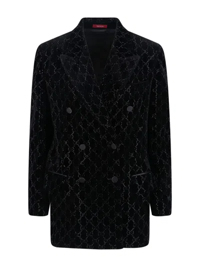 Gucci Double-breasted Velvet Coat Featuring Embroidery In Black