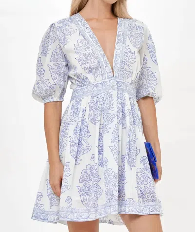 Oliphant V-neck Puff Sleeve Mini Dress In Amadora Blue In White