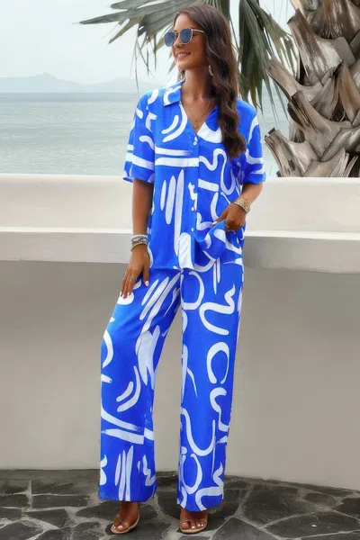 Truedames Print Front Button Two Pieces Blouse Sets In Blue