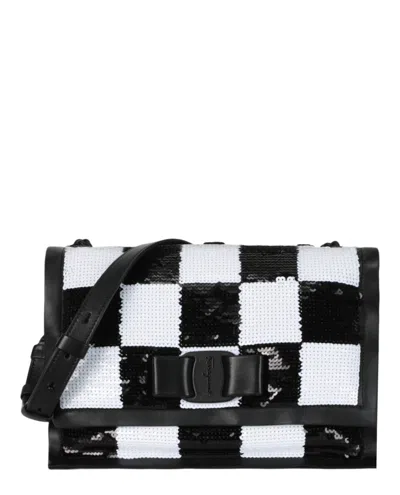 Ferragamo Checkered Sequin Shoulder Bag In Black