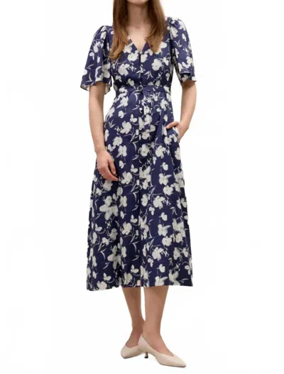 Rebecca Taylor Bea Linen Midi Dress In Navy Combo In Blue