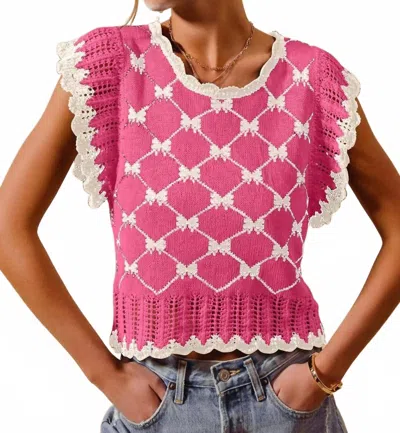 So Me Bow Ribbon Pattern Sweater Top In Magenta In Pink