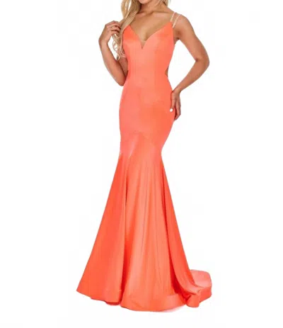 Rachel Allan Strappy Open Back Shimmer Jersey Gown With Cutouts In Hot Coral In Red