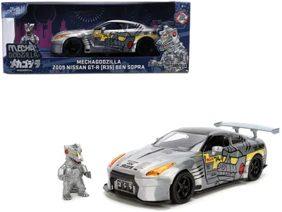 Jada 2009 Nissan Gt-r (r35) Ben Sopra Brushed Metal With Black Top And Graphics And Mechagodzilla Diecast In Multi