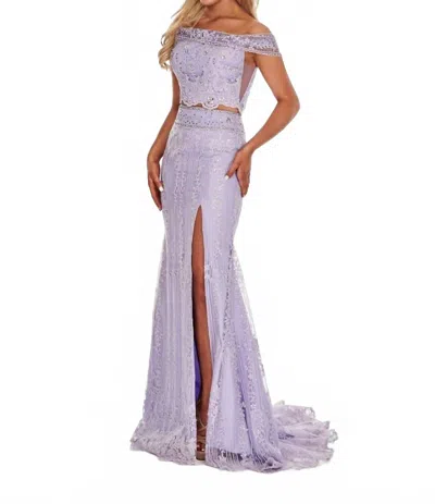 Rachel Allan Beaded Lace Two-piece Prom Gown With High Slit In Lilac In Purple