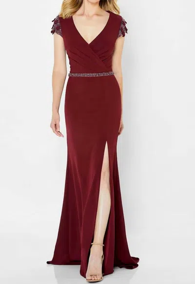 Montage By Mon Cheri Embellished Surplice Bodice Formal Gown In Wine In Red
