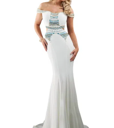 Rachel Allan Off-the-shoulder Beaded Jersey Prom Gown In White In White