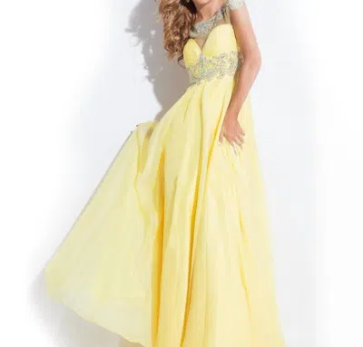 Rachel Allan Beaded High Mesh Neck Chiffon Prom Gown In Yellow In Yellow