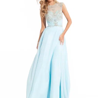 Rachel Allan Beaded High Mesh Neckline Chiffon Gown In Soft Blue In Blue