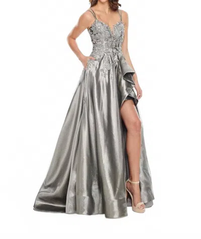 Rachel Allan Metallic Applique High Low Prom Gown In Grey In Metallic
