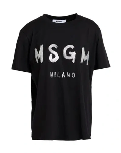 Msgm Black Cotton T-shirt With Glitter Brush Logo Print In Black