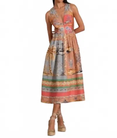 Ranna Gill Octavia Strip Midi Dress In Multi Color In Brown
