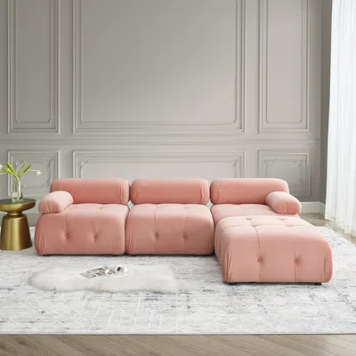 Streamdale Furniture Streamdale Pink Velvet Modular L-shaped Sofa With Reversible Ottoman In Neutral